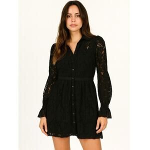 Rachel Parcell Black Lace Puff Shoulder Ruffle Cuff Shirt Dress Mini L